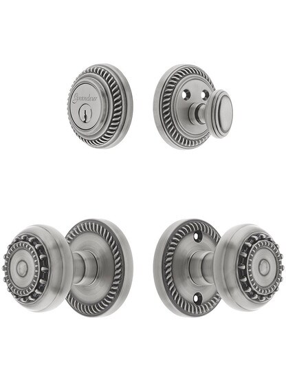 Grandeur Newport Entry Door Set, Keyed Alike with Parthenon Knobs in Antique Pewter.